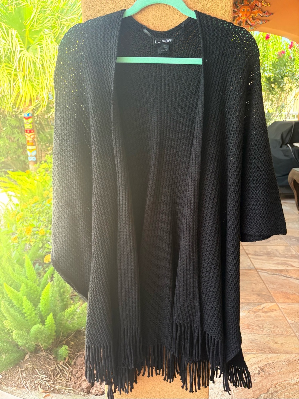 NEW STEVE MADDEN Jet Black Fringe Open Shawl Poncho One SZ